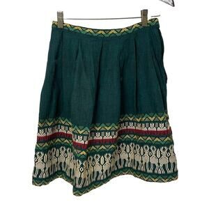 VTG 60s/70s Mexican Folk Pleated Reindeer Embroidered Skirt Green Sz 2 / 26”